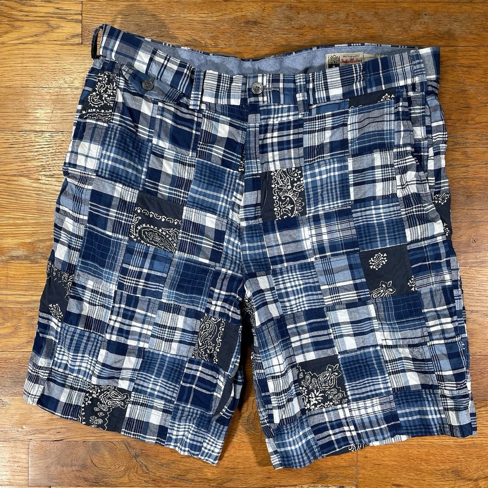 Polo Ralph Lauren Mens Shorts 34 Indian Madras Blue White Plaid Paisley Patch